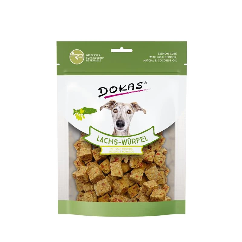 Dokas Lachs-Würfel, Goji Beeren,Matcha&Kokosöl | 8x 150g Hundesnack 3 Dokas Lachs-Würfel, Goji Beeren,Matcha&Kokosöl | 8x 150g Hundesnack
